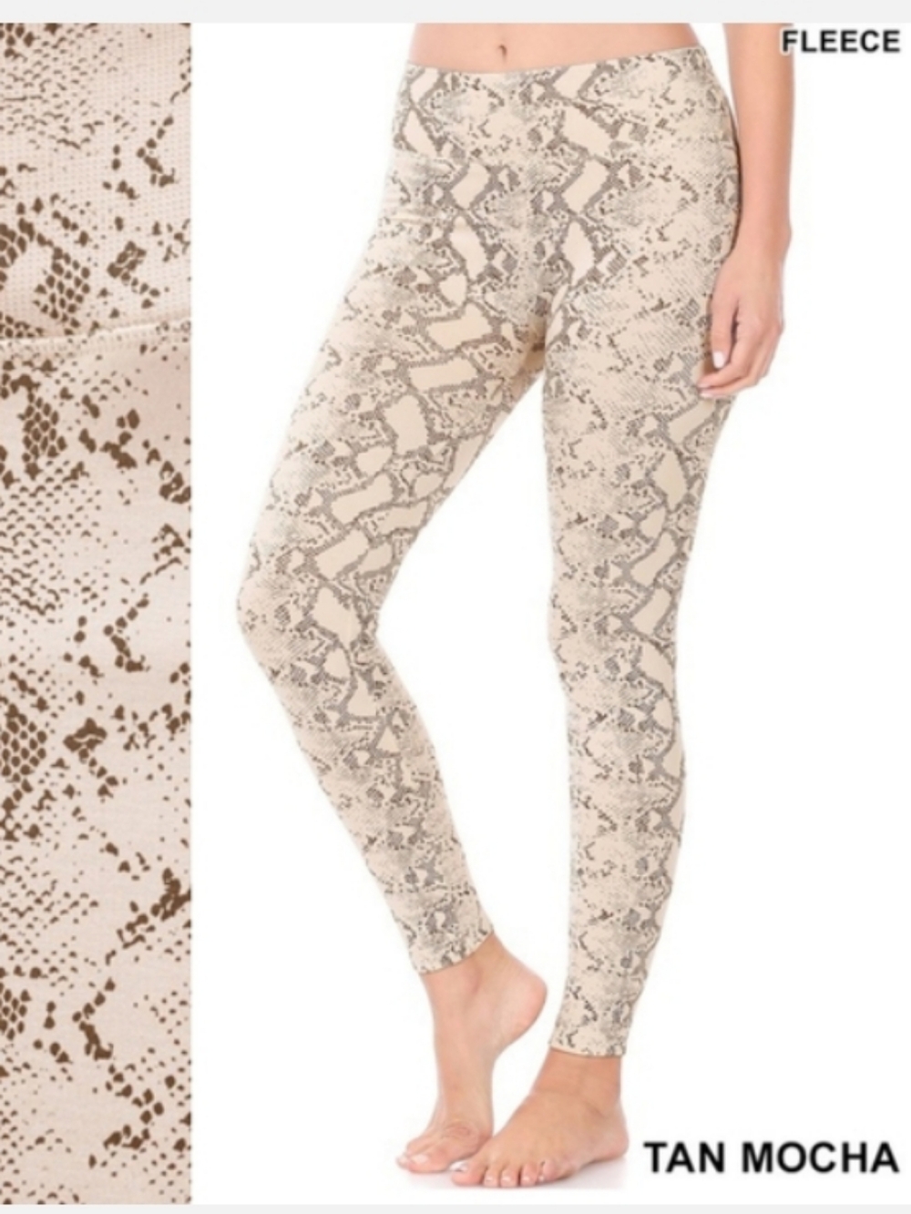 Zenana Outfitters Fleece Lined Leggings Snakeskin Print Tan Mocha